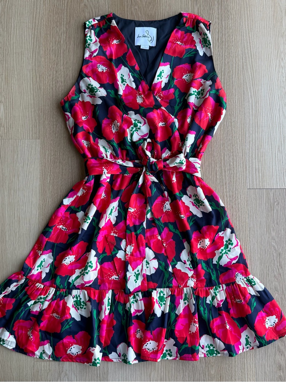Sam Edelman Floral V-Neck Sleeveless Tie Waist A-Line Knee Dress Size 10